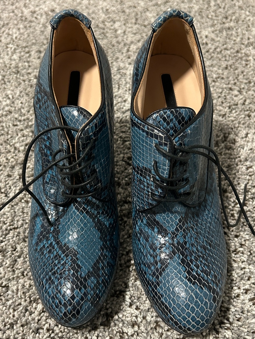 Longchamp Sz 7 Blue/Black Python-Print Leather Lace-Up Ankle Boots